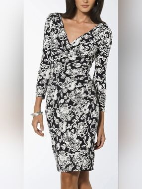 Lauren Ralph Lauren Women's Black & Cream Floral Ruched Jersey Dress ~ Size 6